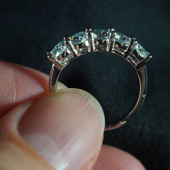 Rhodium Plated Sterling Silver Ring with 5 Light Blue Moissanite Stones - Picture 7 of 16